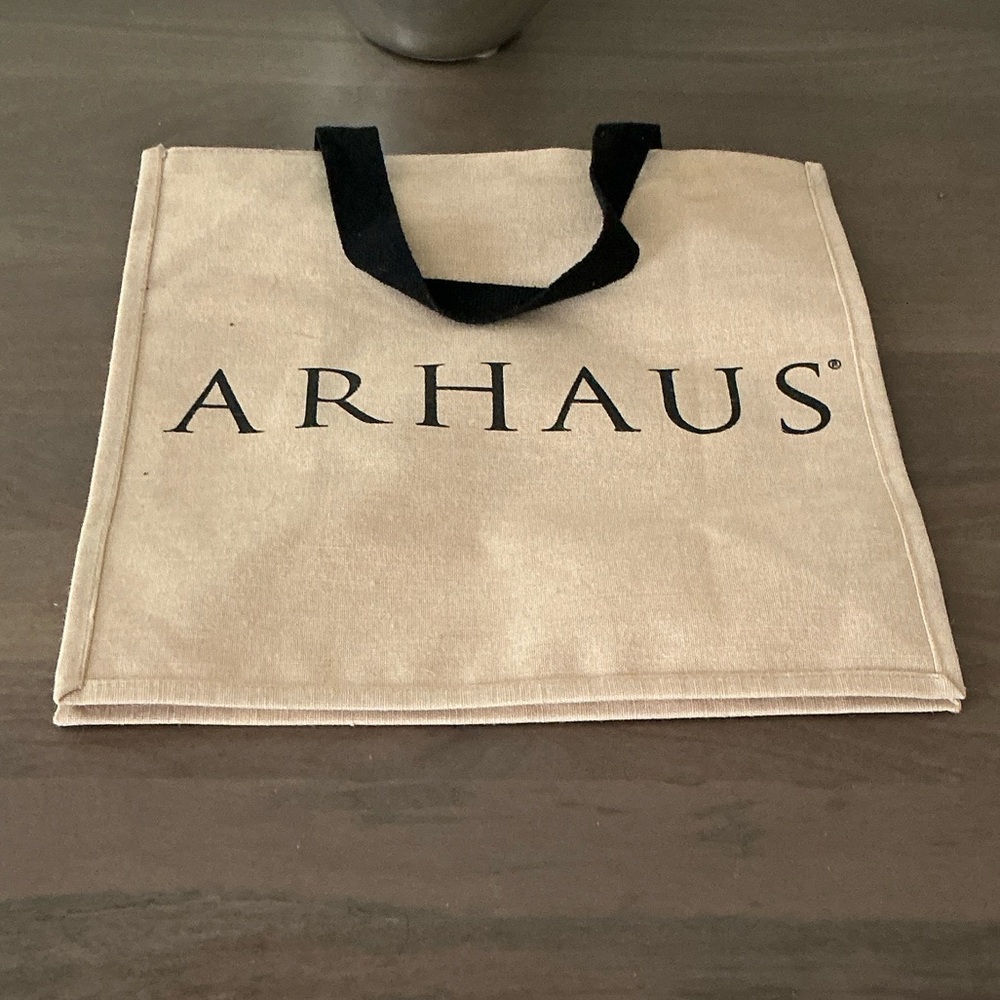 Arhaus Tan Tote Bag with Black Handles